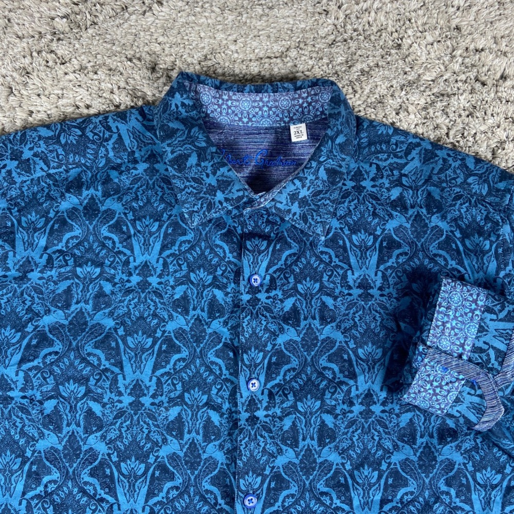 Robert Graham Shirt Mens 2XL Blue Damask Paisley Classic Fit‎ Long Sleeve Button